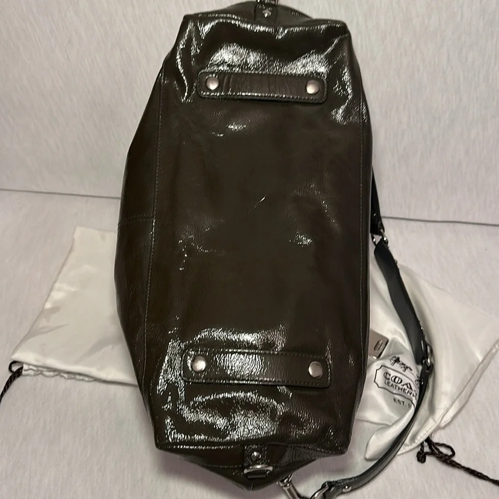 Coach Madison Sabrina Satchel Olive Green/Gray Authentic Patent Leather Purse